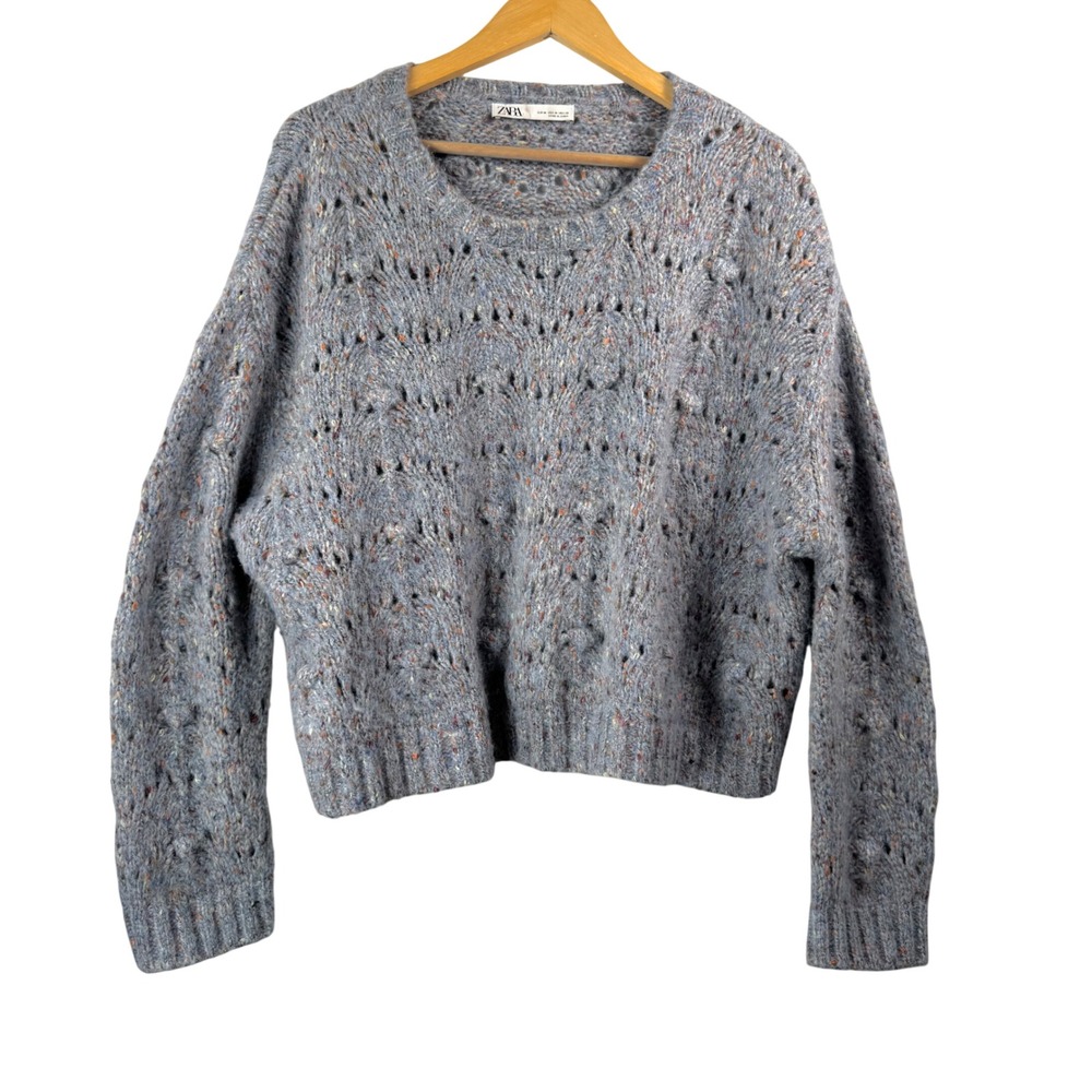 ZARA Speckled Knit Sweater oversized wool blend Cropped‎ blue Gray sz M